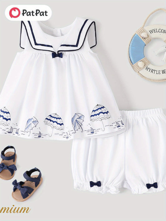 PatPat 2pcs Baby Girl Bow Decor Statement Collar Umbrella Print Sleeveless Top and Elasticized Shorts Set For Spring Summer, for Outdoor
