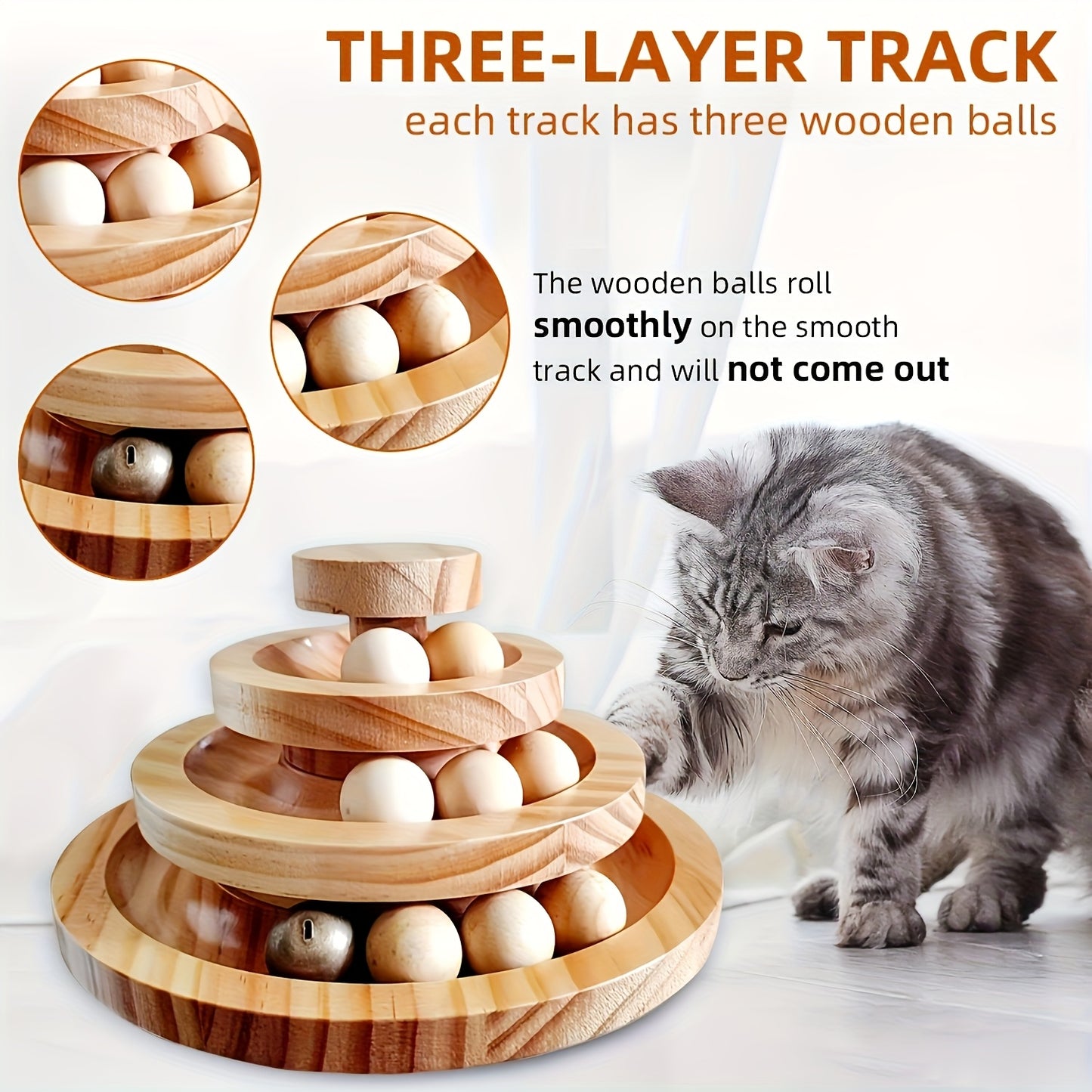 Natural Bamboo Cat Ball Track Toy with 9 Detachable Balls for Interactive Fun
