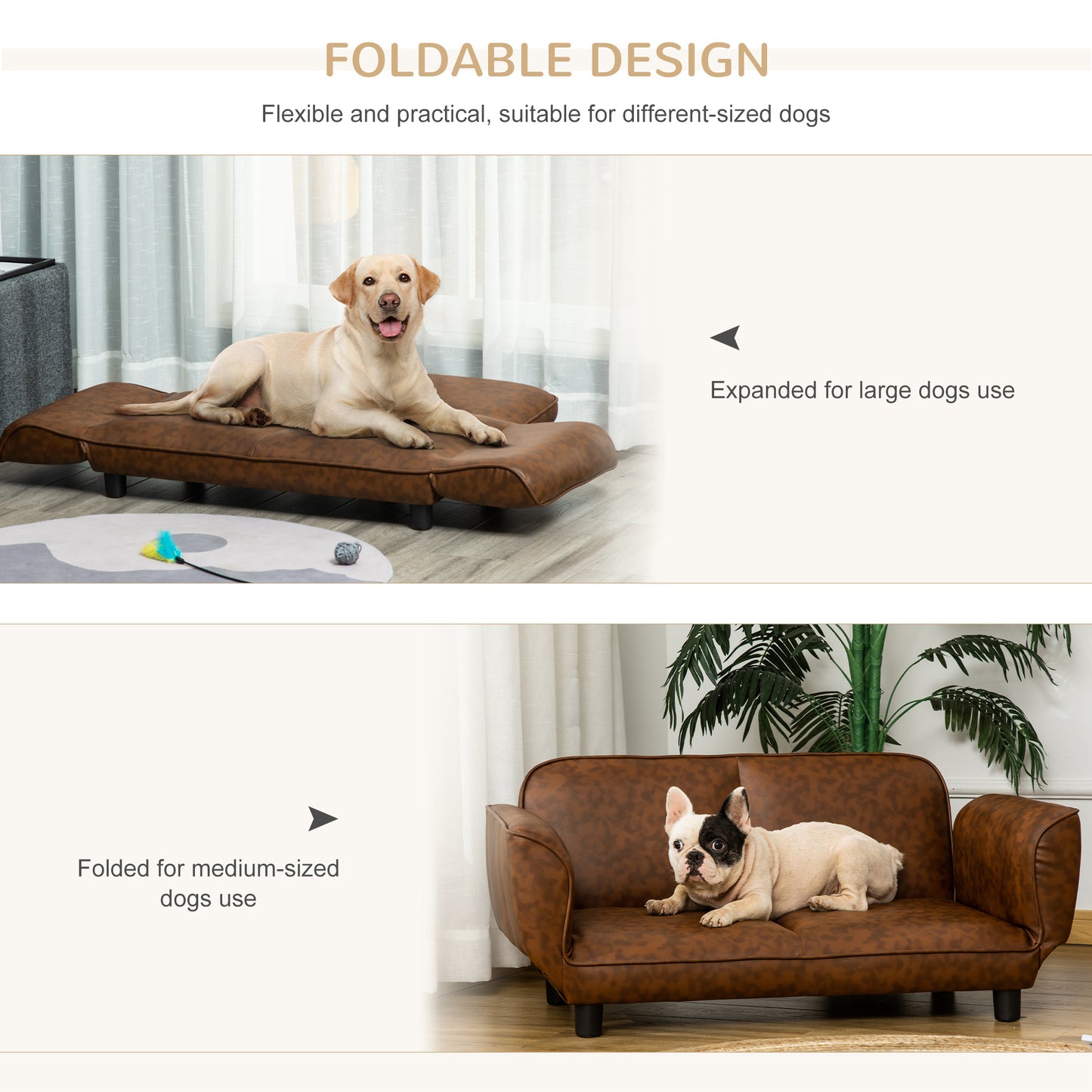 PawHut Foldable Pet Sofa Dog Bed for Medium and Large Breeds PU Leather Couch Brown
