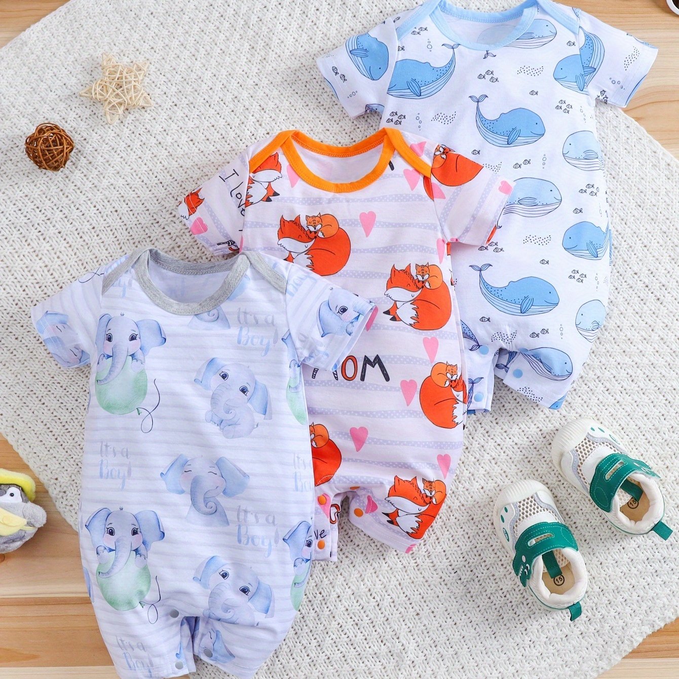 3pcs IURNXB Bodysuits - Summer Short Sleeve Rompers with Cute Elephant, Giraffe & Whale Animal Prints, Breathable Unisex Outfits for, Easy Diaper Change Snap Buttons, Hand Wash Only, Perfect for Outdoor