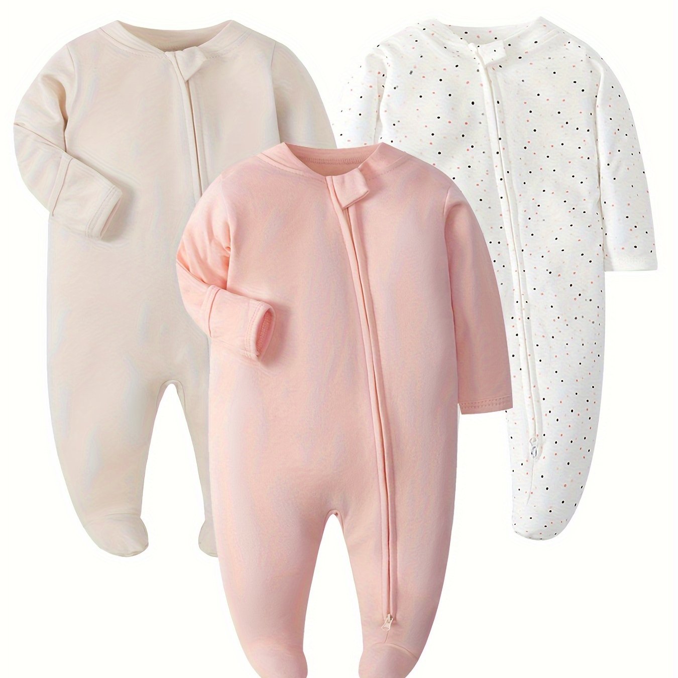 3pcs Newborn Baby Girls Cotton Footie Romper Set - Solid Color Crew Neck Winter Wear