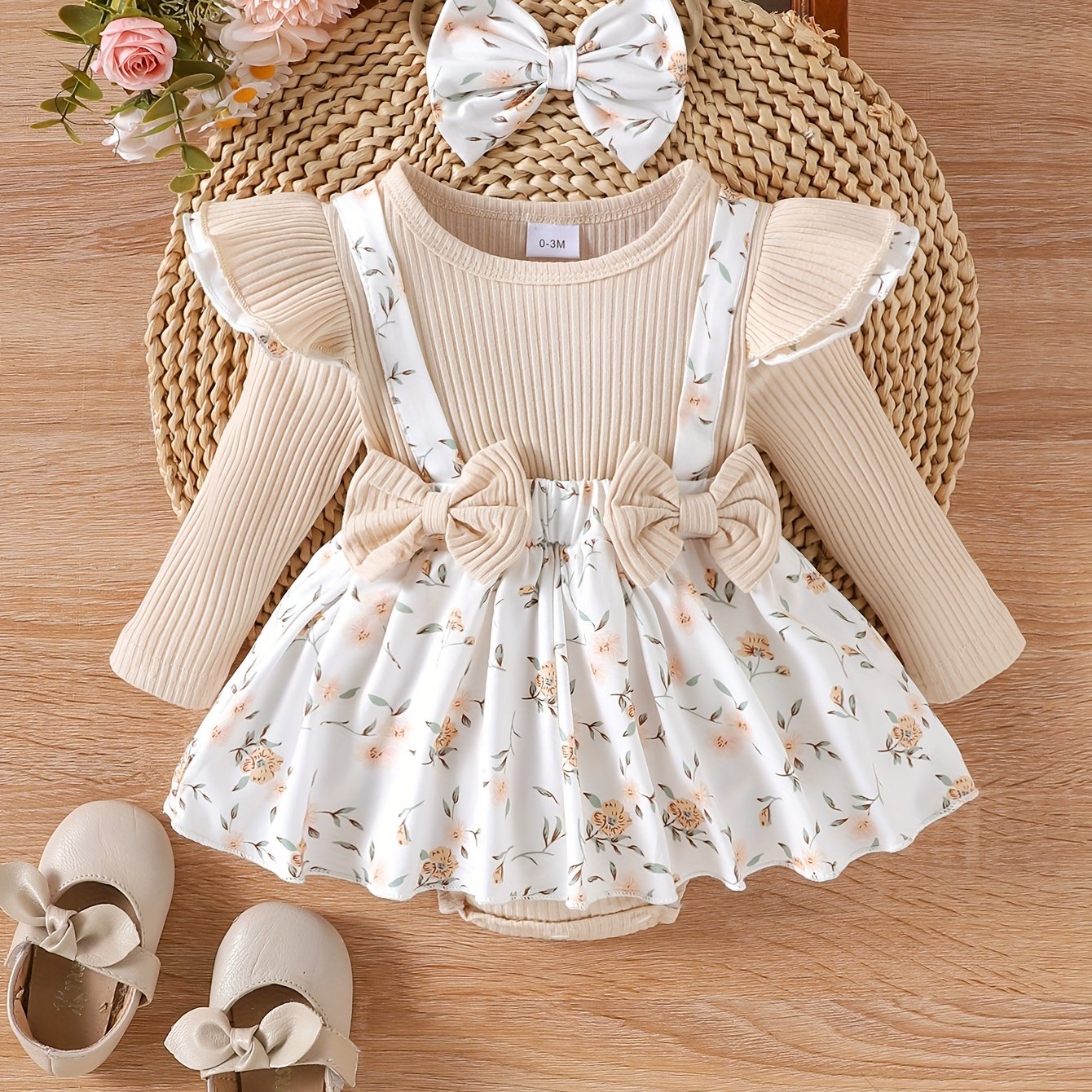 Floral Soft Knit Baby Bodysuit With Matching Headband Set