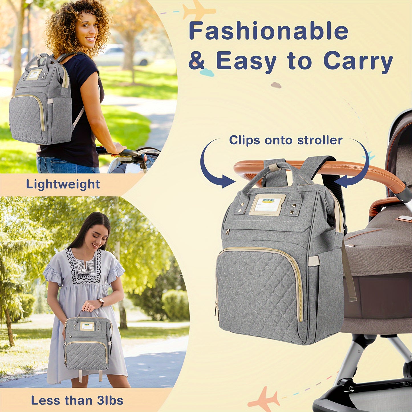 Large Capacity Diaper Backpack with Insulated Pocket Vintage Gray Nylon Travel Bag