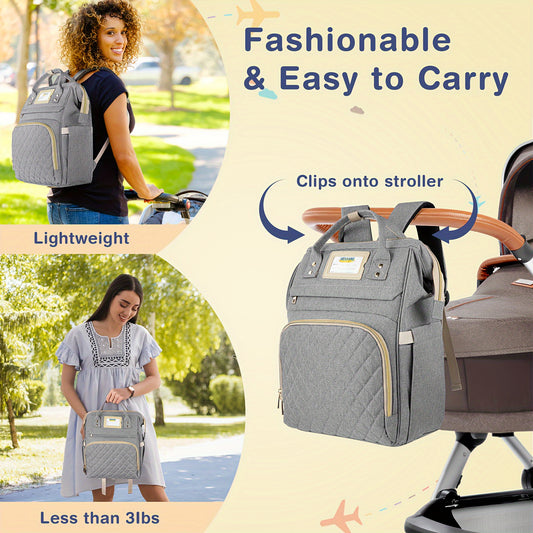 Large Capacity Diaper Backpack with Insulated Pocket Vintage Gray Nylon Travel Bag