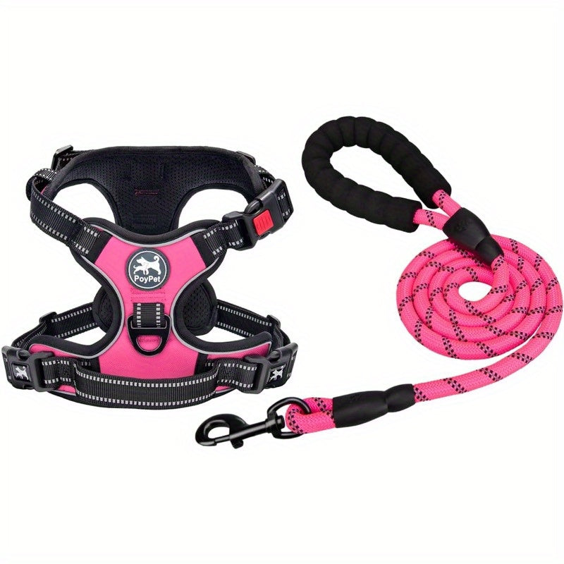 Dog Harness and Leash Combo Escape Proof No Pull Vest Harness with 5 Feet Leash Reflective Adjustable Soft Padded Pet Harness with Handle for Small to Large Dogs Pink M