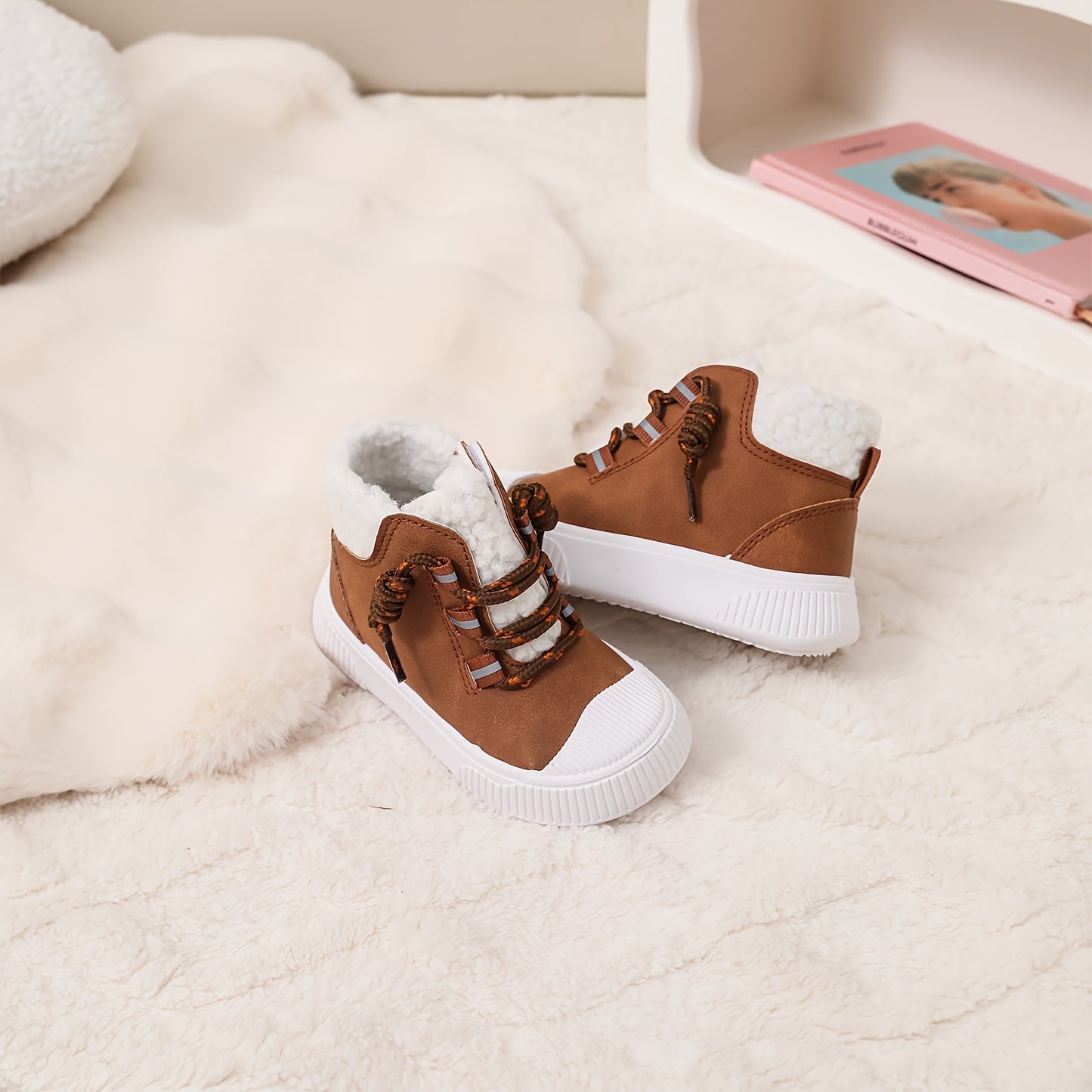 Cozy Fleece Lined High Top Sneakers for Kids with Hook and Loop Closure for Fall Winter