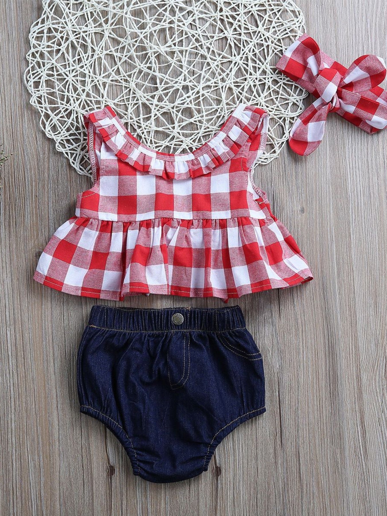 3pcs Baby Girls Summer Outfits Red and White Plaid Sleeveless Top and Denim Shorts Set with Headband, Perfect for Outdoor