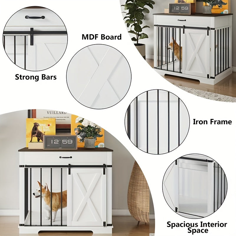 Wooden Dog Crate Kennel End Table with Sliding Barn Door and Convenient Drawer