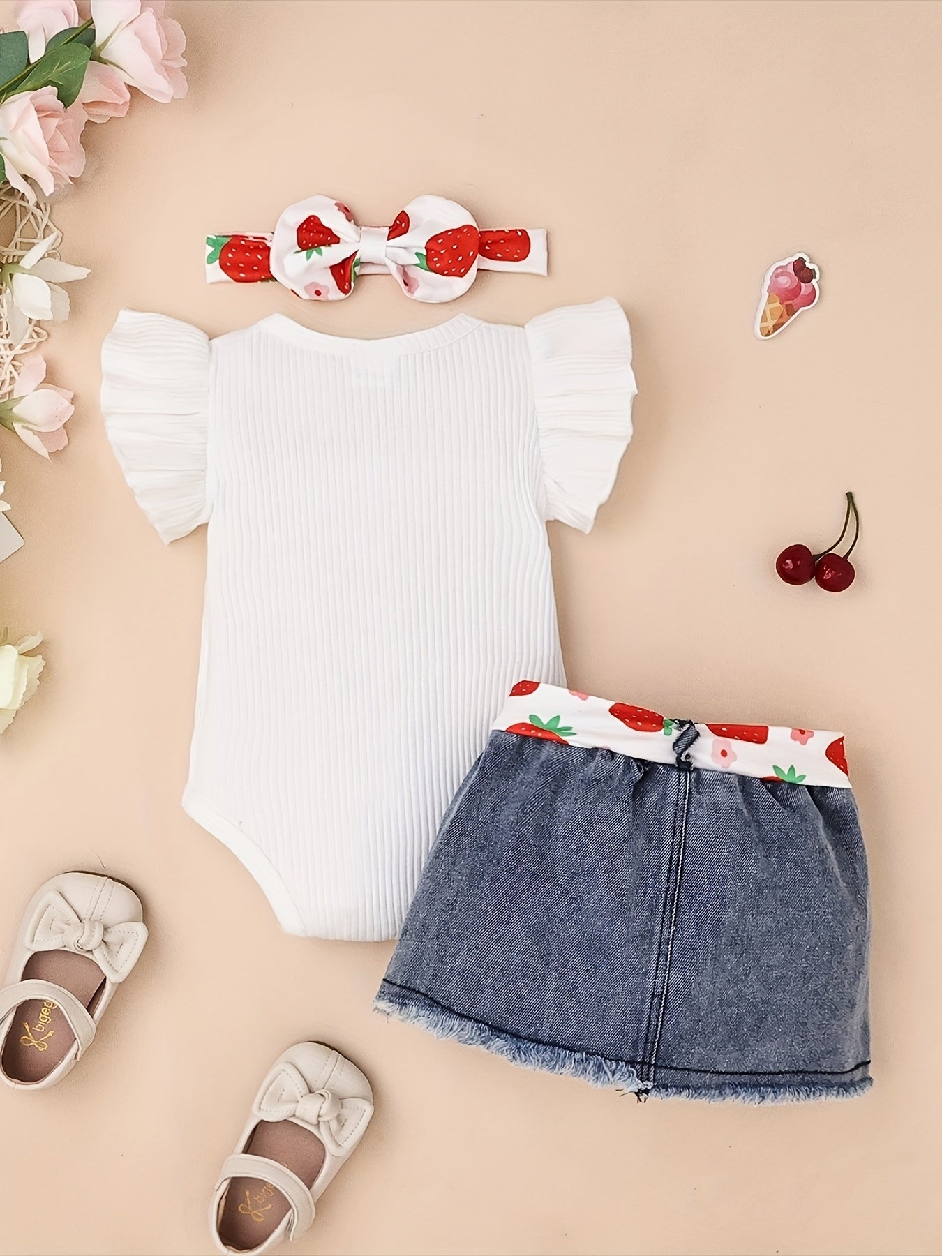 Baby Girl Clothes Strawberry Printed Fly Sleeve Top+Denim Skirt+Head Knot Three -Piece Set with 0 - 18Months, for Outdoor
