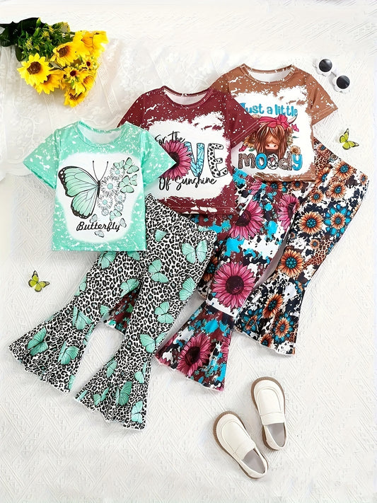 3pcs Set Girls' Long Pants Outfits - Floral Print, Crew Neck Short-Sleeve T-Shirt & Flared Pants, Polyester Knit Fabric with Slight Stretch - Spring/Summer/Fall Casual Wear | Machine Washable | Elegant Ruffle Details