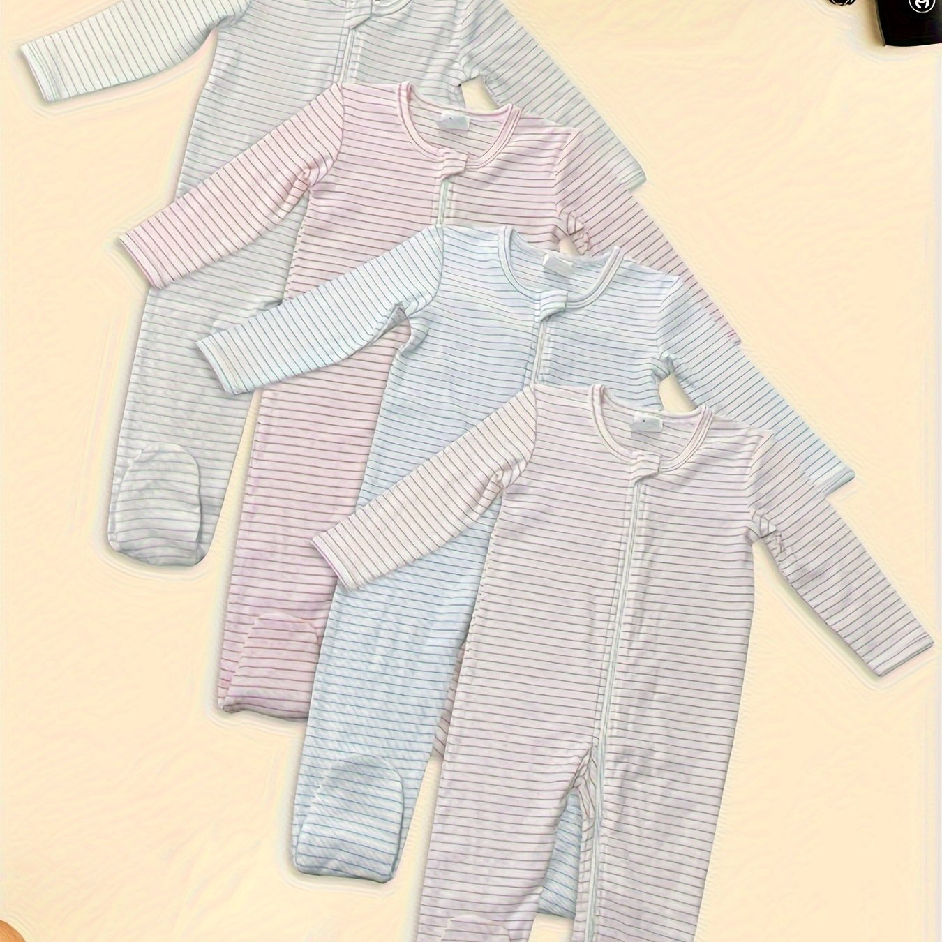 [Cute Cotton Rompers] 4pcs Cotton Youngsters Girls' Rompers | Cute Striped Crew Neck Onesies with Soft Skin-Friendly Foot Crawling Suit, 95% Cotton 5% Elastane Knit Fabric for Spring/Fall