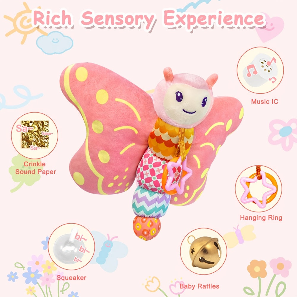 Plush Pink Butterfly Sensory Toy for Babies with Hanging Ring Rattle and Wrinkled Wings