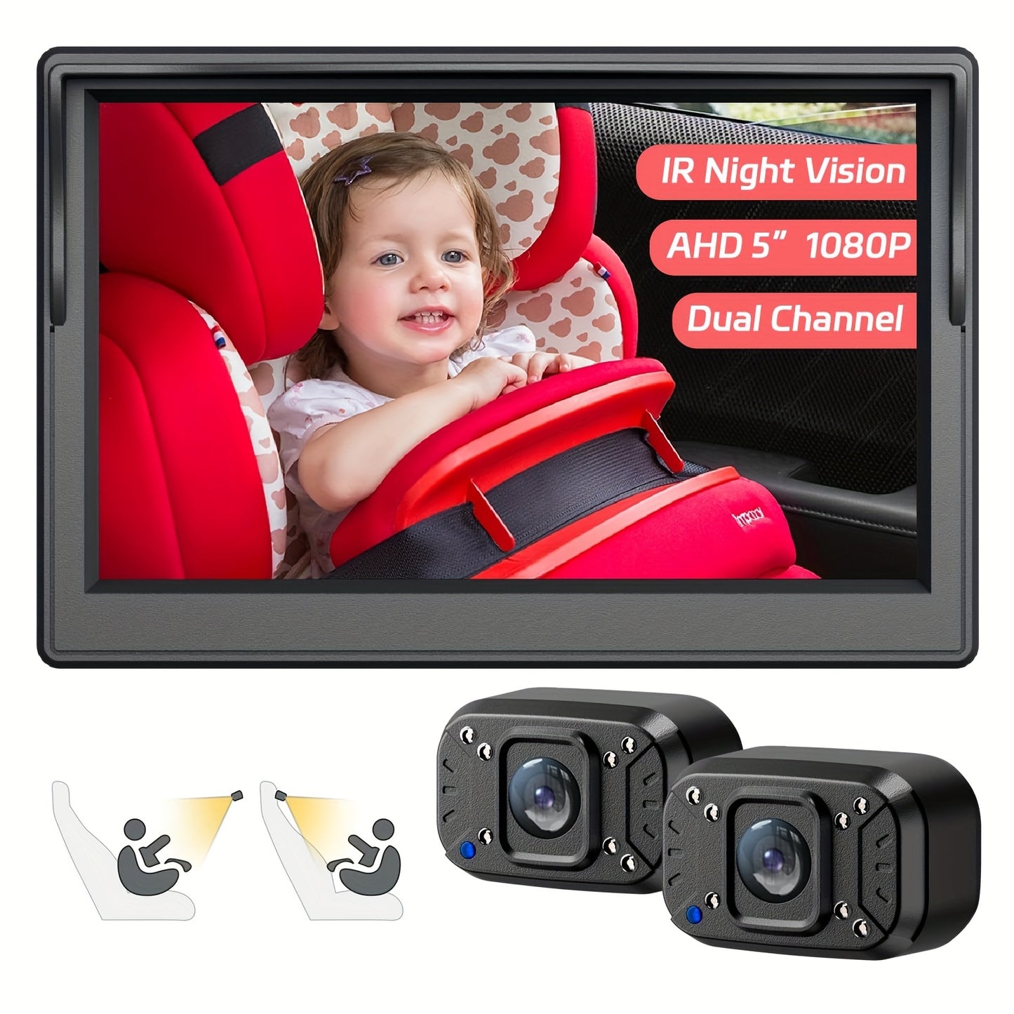 Baby Car Camera Dual Channel 5 Inch Display 1080P Clear Night Vision for Rear Facing Seat