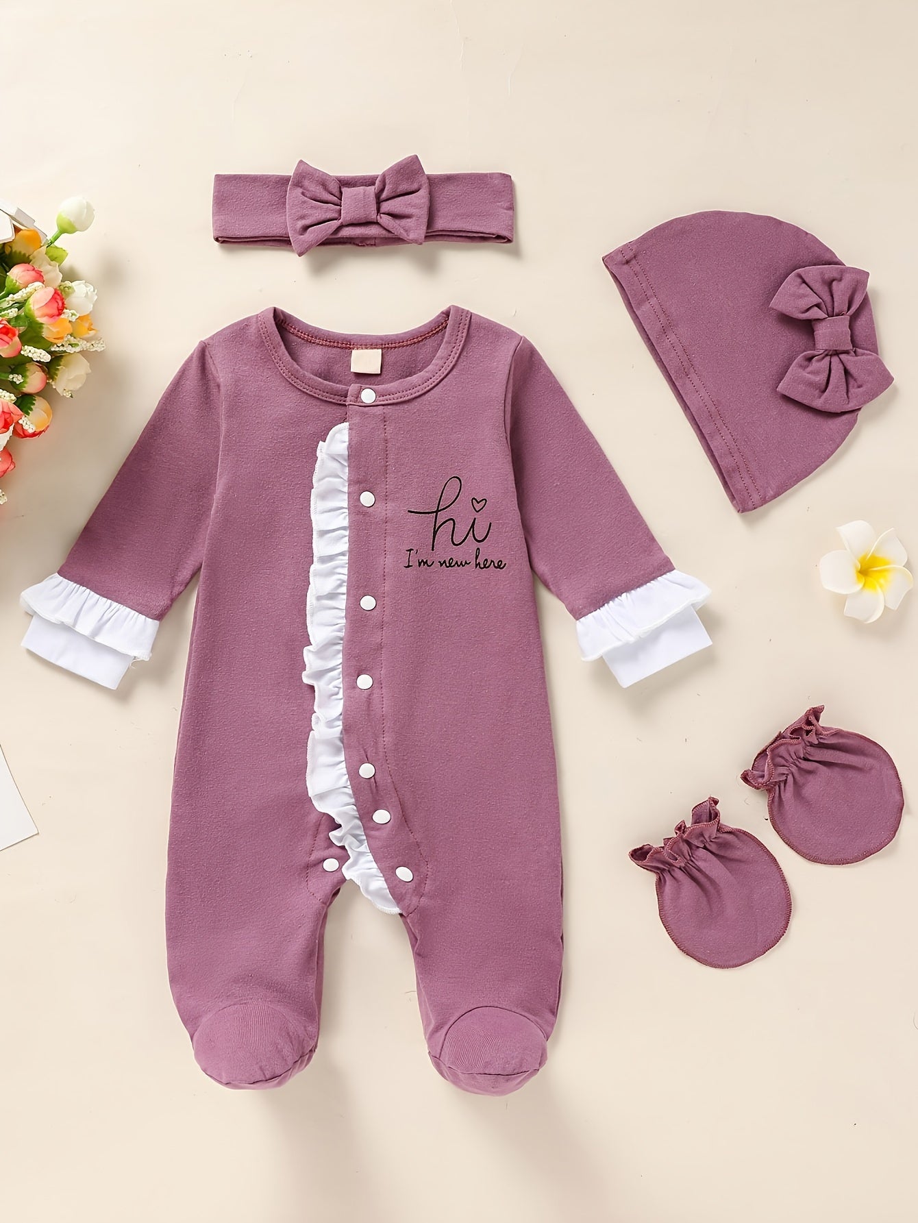 Newborn Baby Girl Romper Set Letter Print Mittens Headband