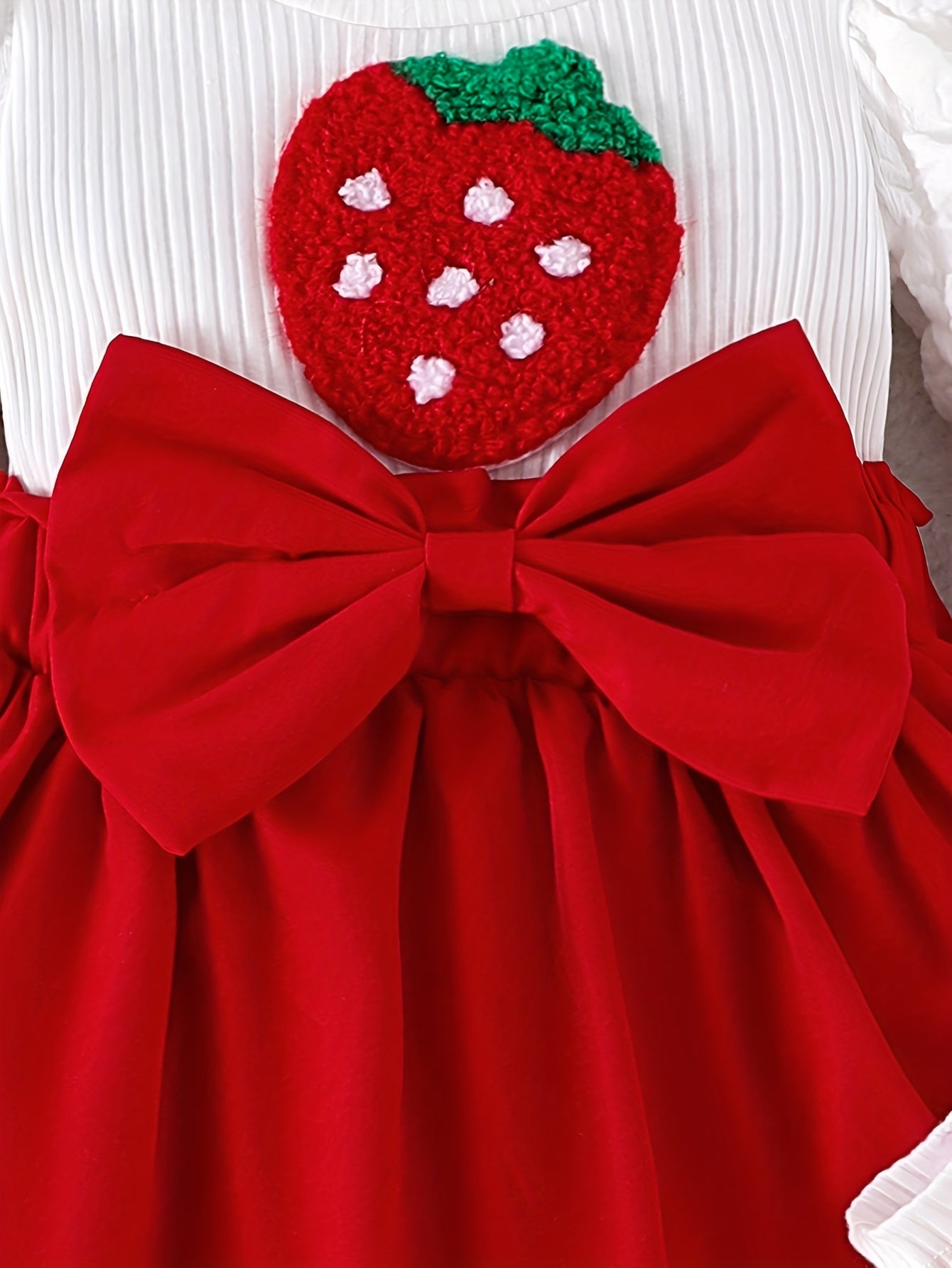 Four Piece Baby Girl Strawberry Embroidered Bow Romper Set With Headband And Socks