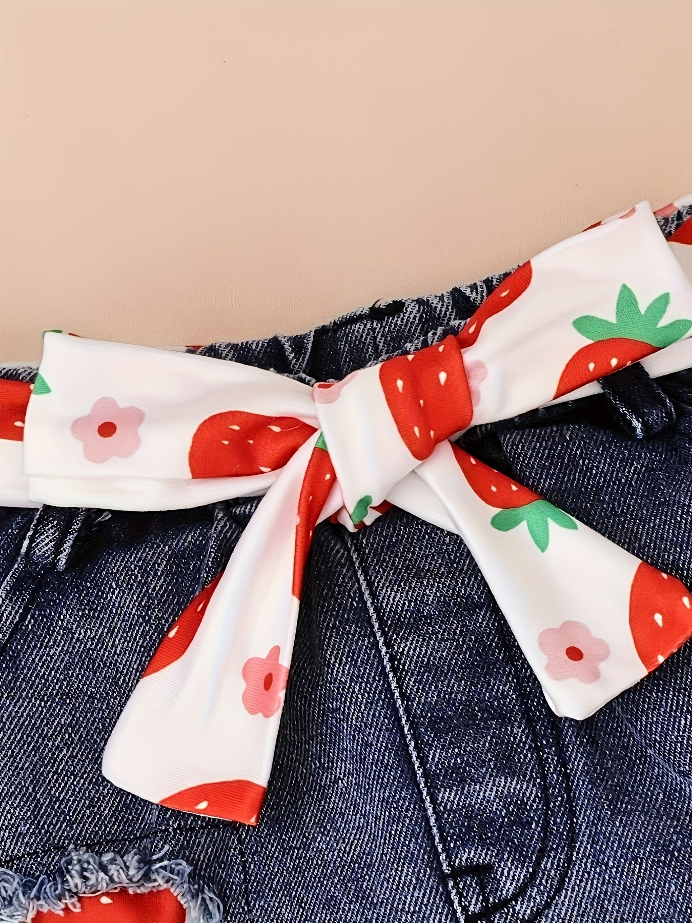 Baby Girl Clothes Strawberry Printed Fly Sleeve Top+Denim Skirt+Head Knot Three -Piece Set with 0 - 18Months, for Outdoor