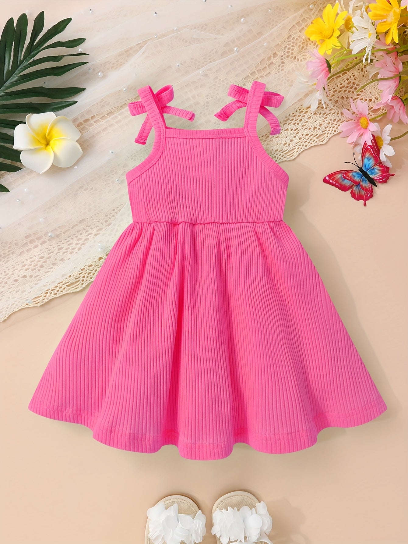 3pcs Soft, Breathable, Comfortable And Cute Baby Girl Solid Color Ribbed And Full Body Floral Print Bow Suspender Princess Dress Set