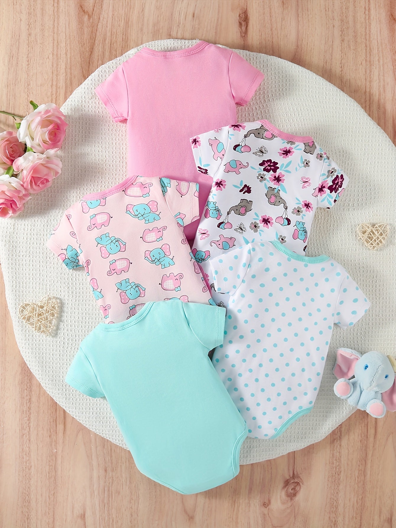 5pcs Set Of Baby Girl's Short Sleeved Spring/summer Triangle Jumpsuit, Cotton Cute Cartoon Hoodie, Crawling Suit, Perfect for Outdoor