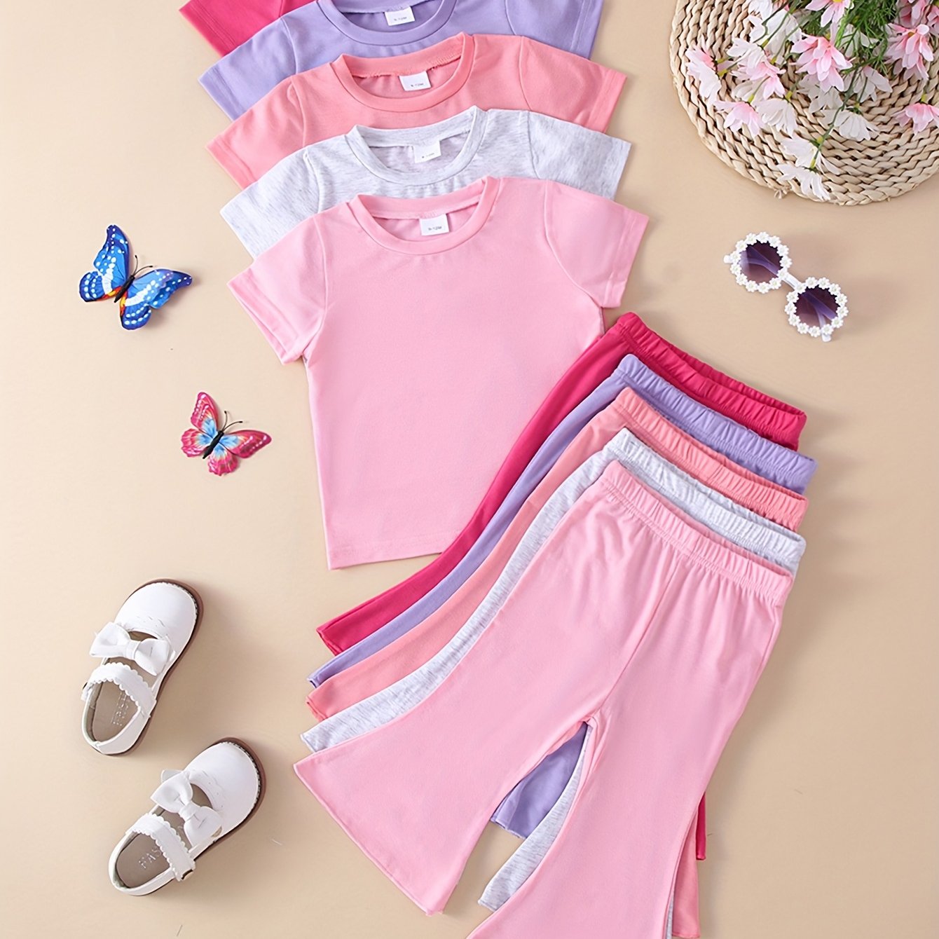 10pcs Toddler Outfit Set, Soft Comfortable Knitted Fabric, Solid Color, Casual Style, Regular Fit, Polyester 95%, Elastane 5%, Short Sleeve Top and Flared Long Pants Set
