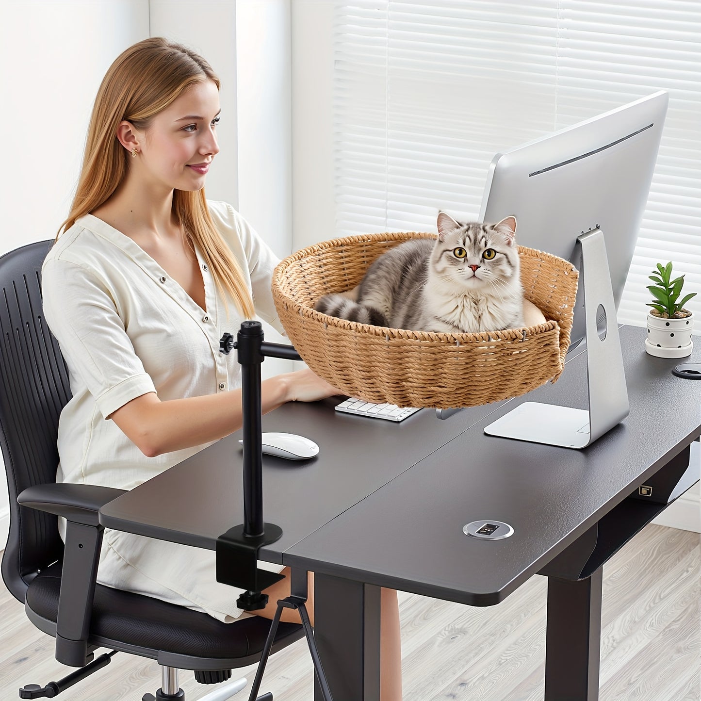 Adjustable Height 360 Degree Rotating Cat Desk Bed Hammock with Removable Shelf and Mats