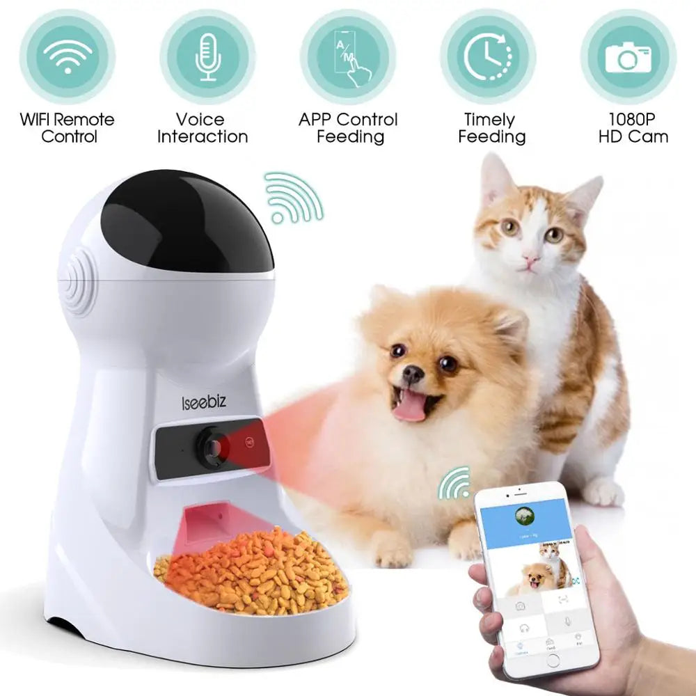 Iseebiz 3L Automatic Pet Feeder With Voice Record Pets Food Bowl For Medium Small Dog Cat LCD Screen Dispensers 4 Times One Day