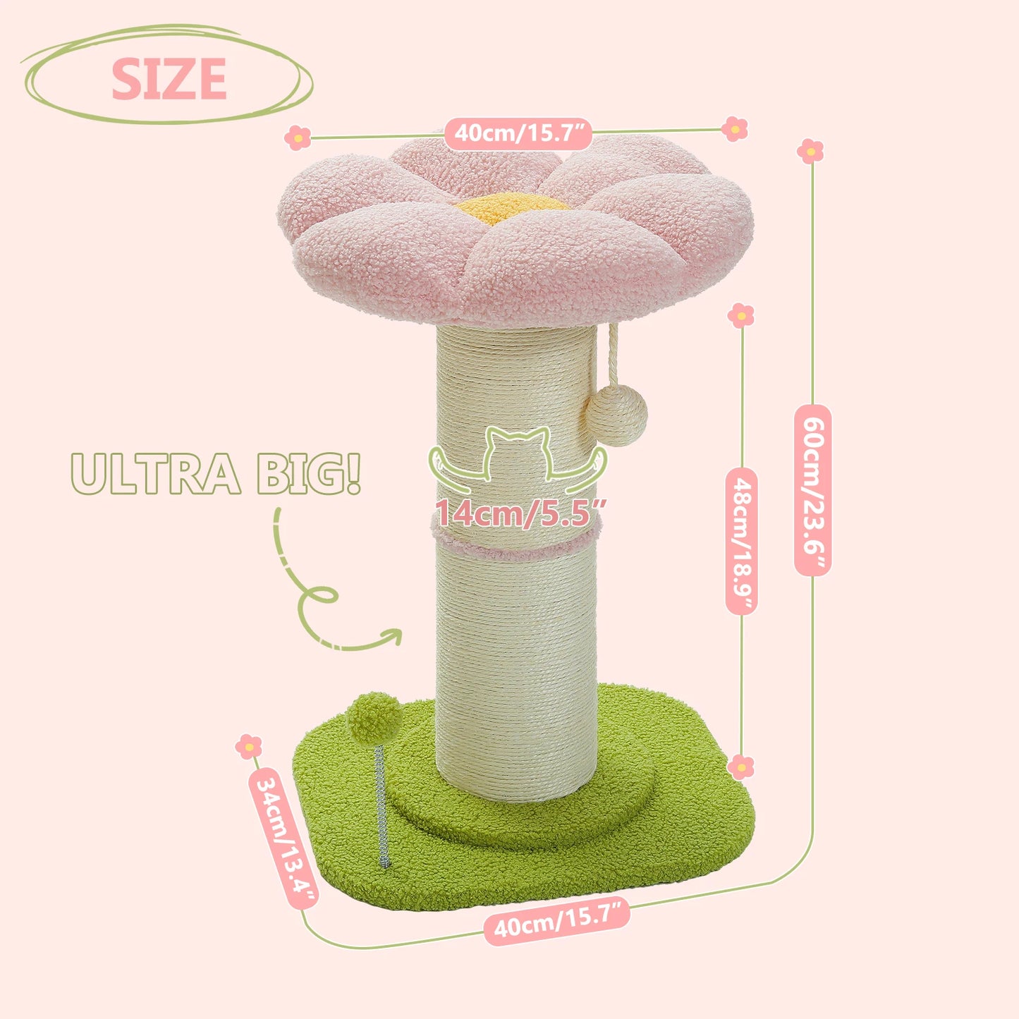 Flower Small Cat Tree Cat Scratching Post for Indoor with Super Thick Natural Sisal Post Pink Stable Removable Perch Mat Balls