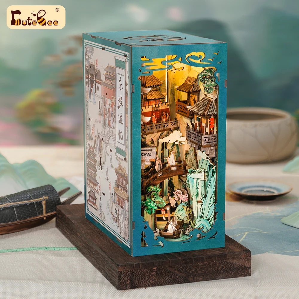CUTEBEE Antiquity Book Nook Chinese Style Doll House Kit with Touch Light Dust Cover Bookshelf Insert Toy Su Dongpo's Life - Loving Babies & Pets Shop