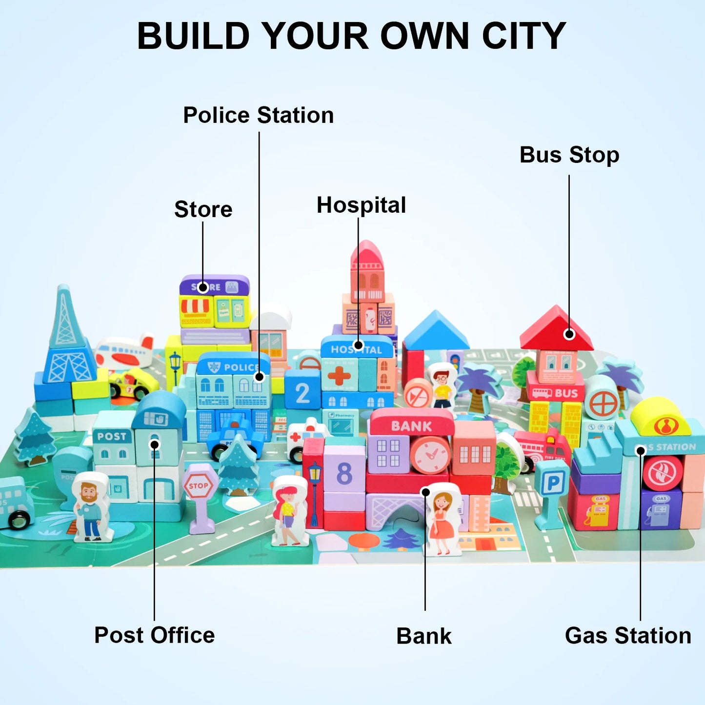 Wooden Building Blocks Set with City Map for Toddlers, Wooden Blocks City Construction Stacker Stacking Preschool Learning Educa - Loving Babies & Pets Shop