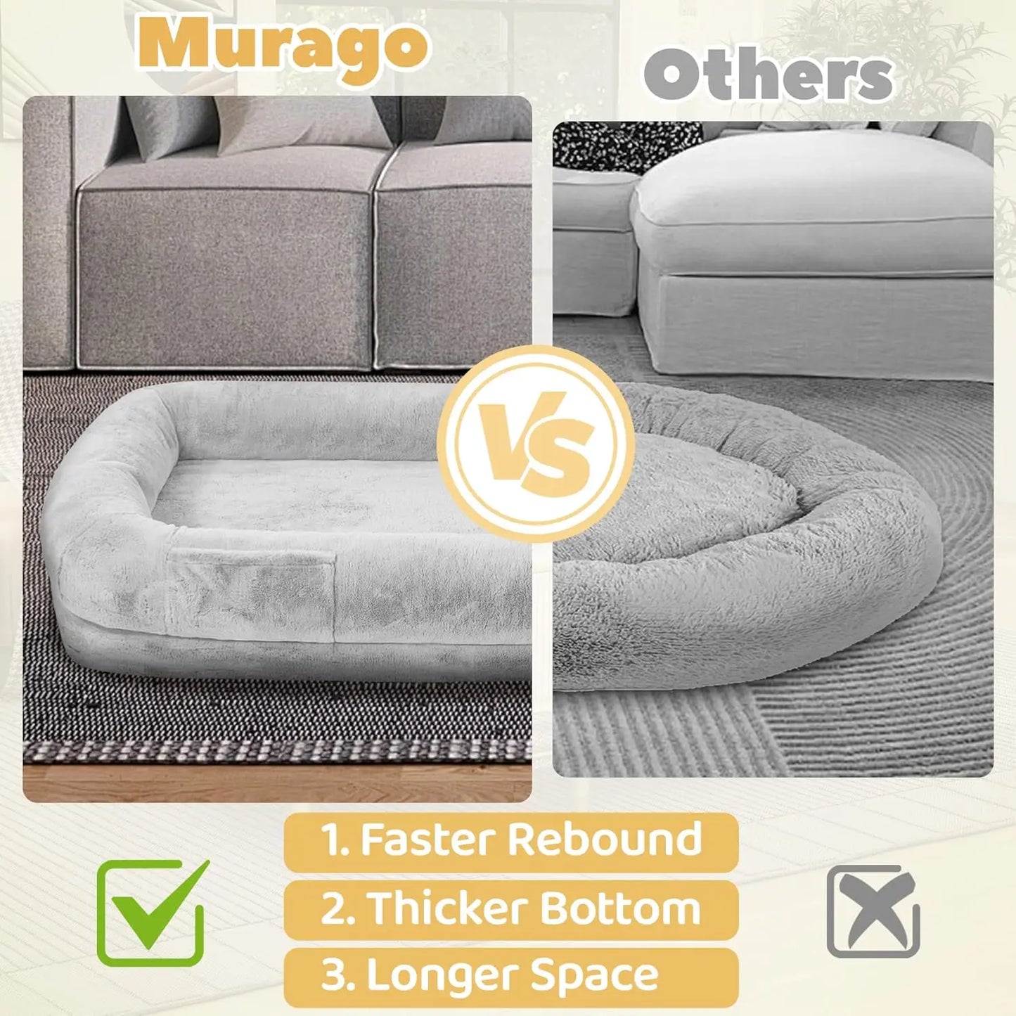 Human Dog Bed for Adults 71 Inch Long Washable Waterproof Orthopedic Design Light Grey