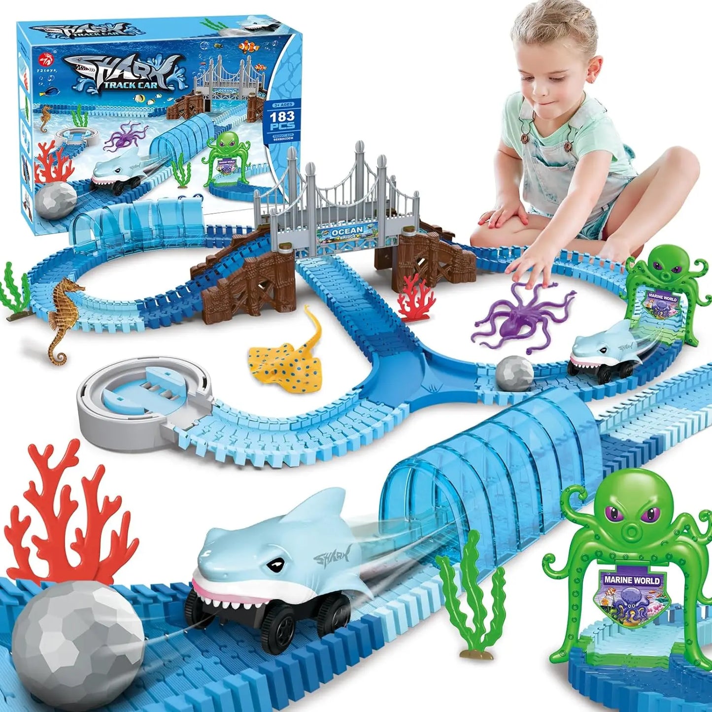 VATOS Shark Race Car Track Toy Set for Boys and Girls Age 3 Plus Flexible Ocean Adventure