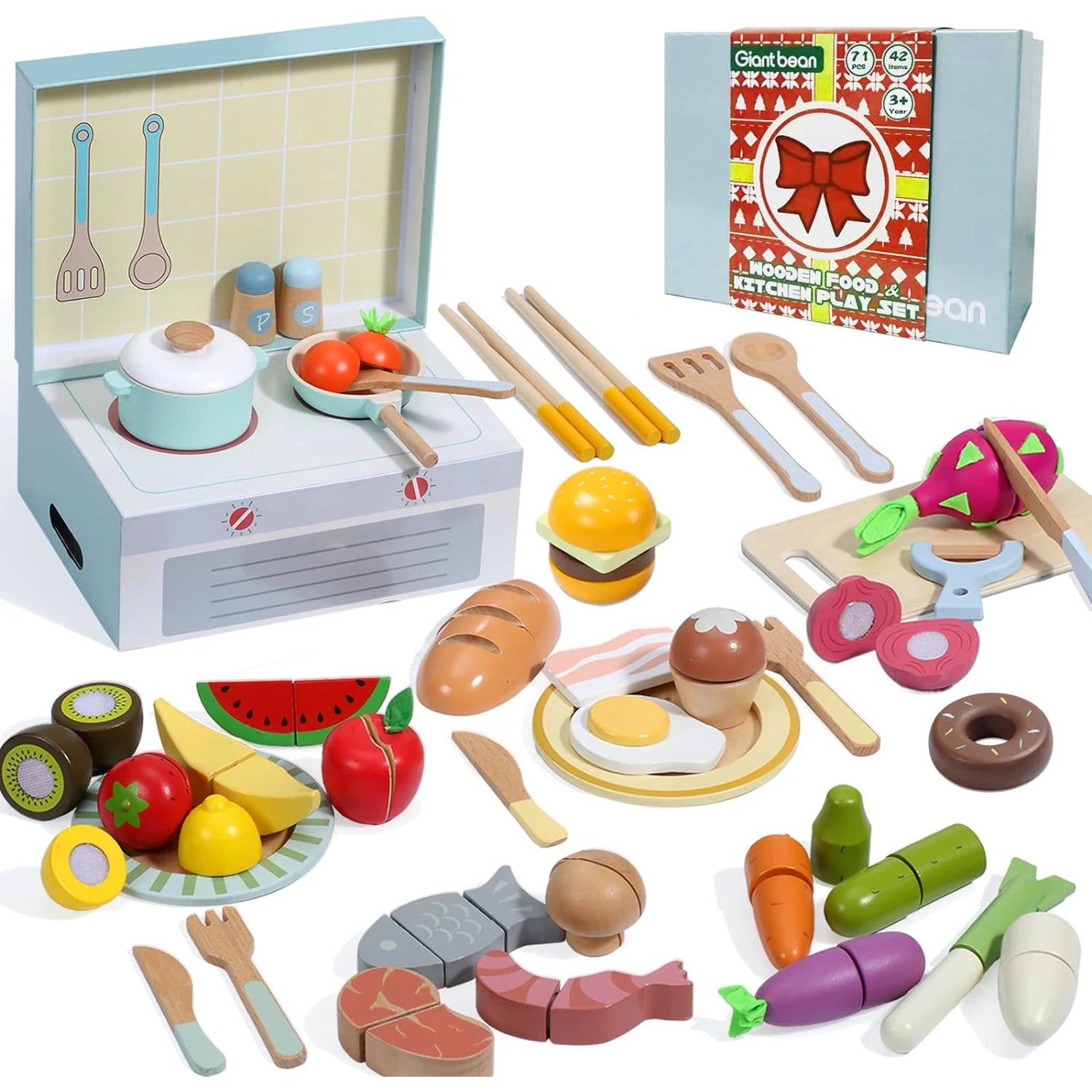 Wooden Play Food Set, Play Kitchen Accessories, 78PCS Pretend PlayCooking Toy, Vegetables Fruits Cutting Toys, Play Dishes - Loving Babies & Pets Shop