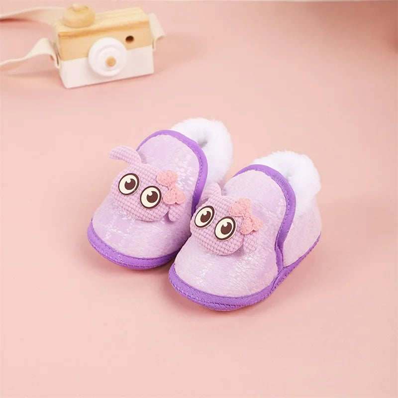 Adorable Baby Girls Plush Shoes with Cute Cartoon Design Big Eyes Warm Fleece Lining Non-Slip Sole for First Steps - Loving Babies & Pets Shop