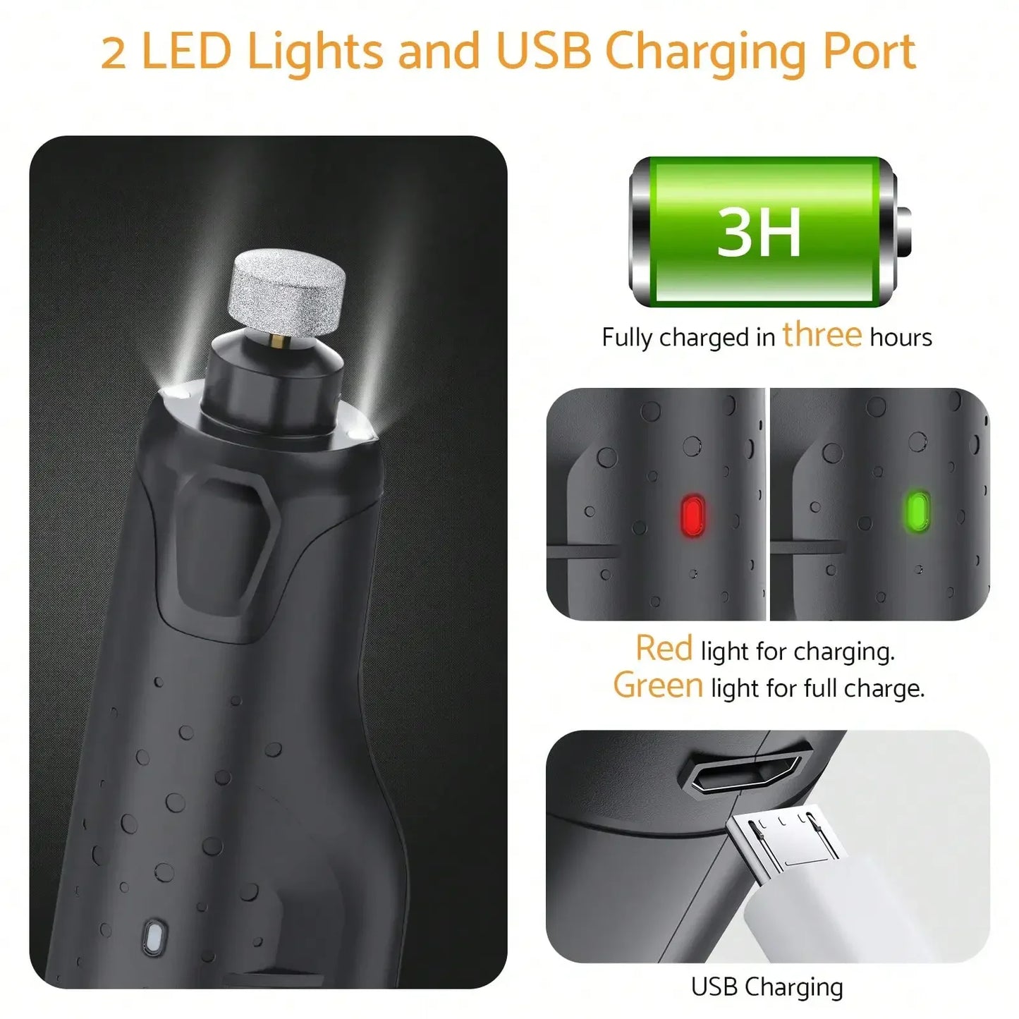 Quiet 6 Speed USB Rechargeable Dog Nail Grinder 2 LEDs