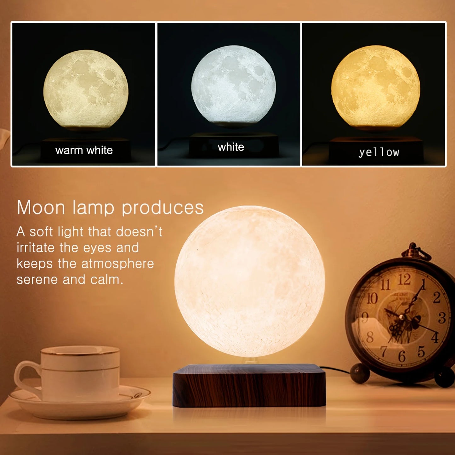 Magnetic Floating Rotating Moon Lamp with Wooden Base, 3 Color Temperature LED Night Lights of Print 3D for Unique Gifts, Room - Loving Babies & Pets Shop