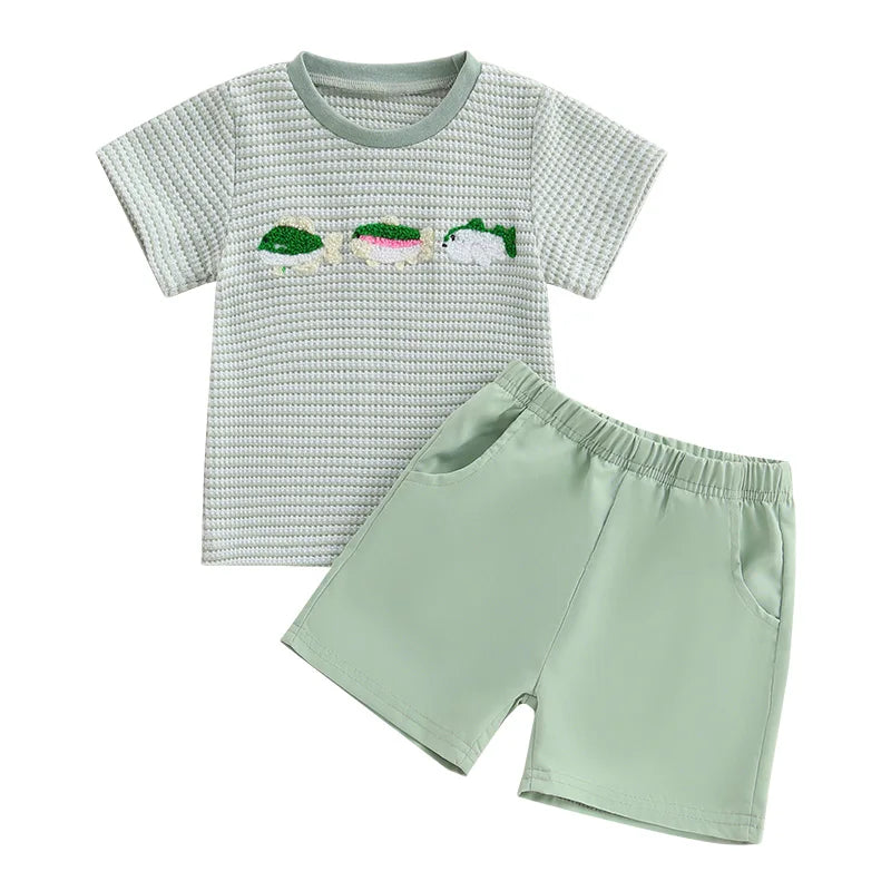 Infant Boy Animal Embroidery Tee and Stylish Plaid Shorts Summer Outfit Set