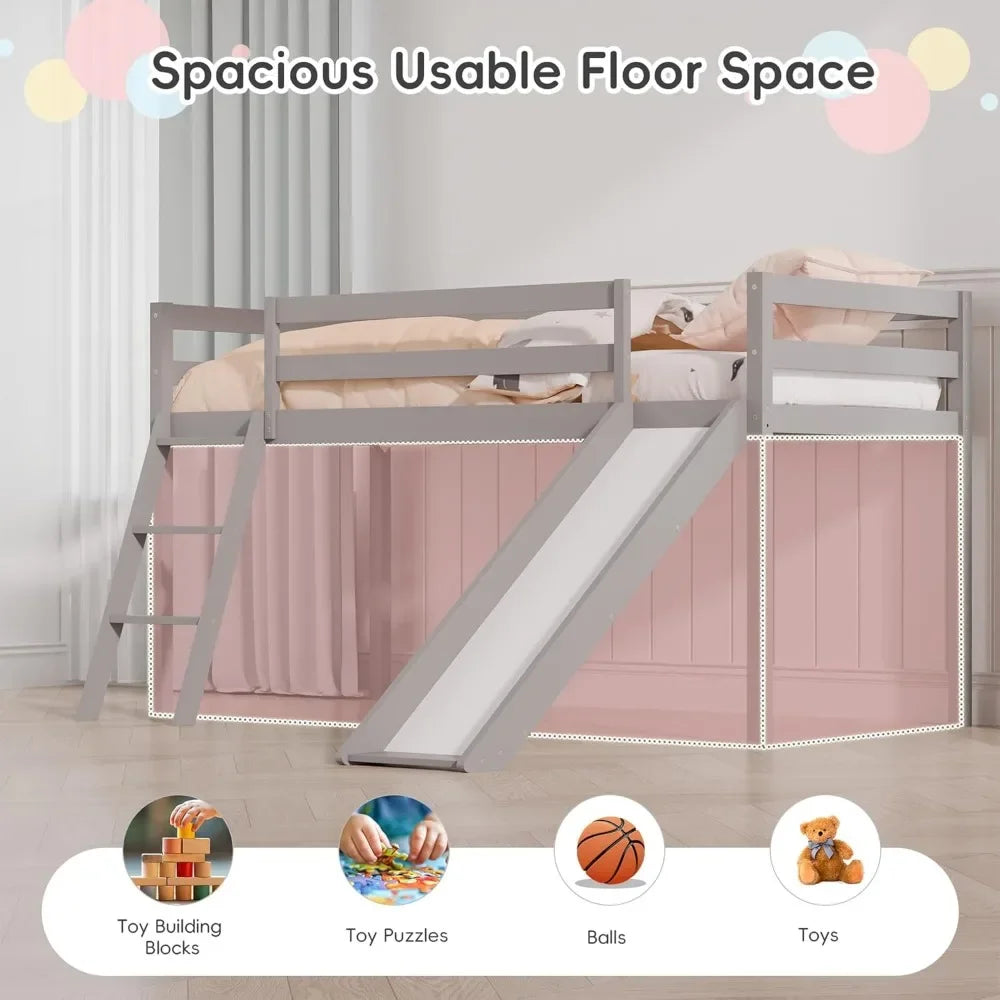 Toddler Loft Bed with Slide Climbing Ladder Safety Guard Rail and Lower Storage Space