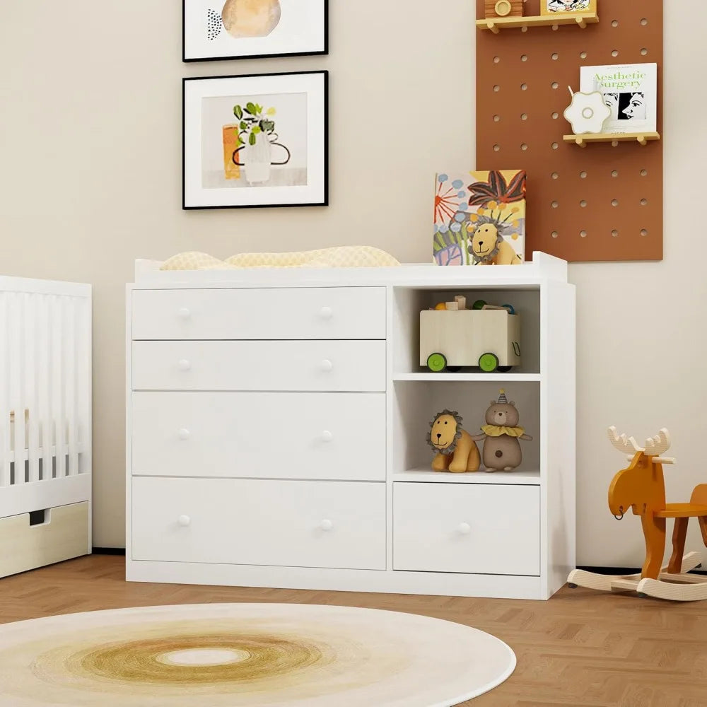 Changing Table Dresser, Baby Classic Nursery Dresser with 5 Drawers and 2 Shelves, Multi-Functional Baby Changing Table - Loving Babies & Pets Shop