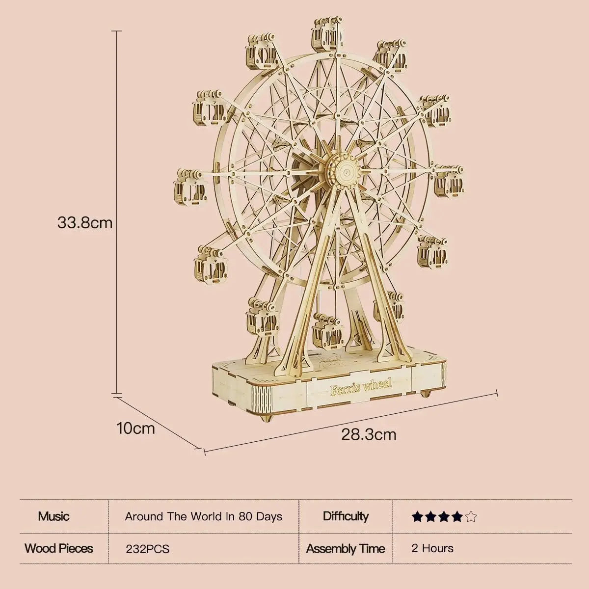 Robotime Ferris Wheel Music Box 3D Wooden Puzzle DIY Craft Kit for Ages 14 and Up