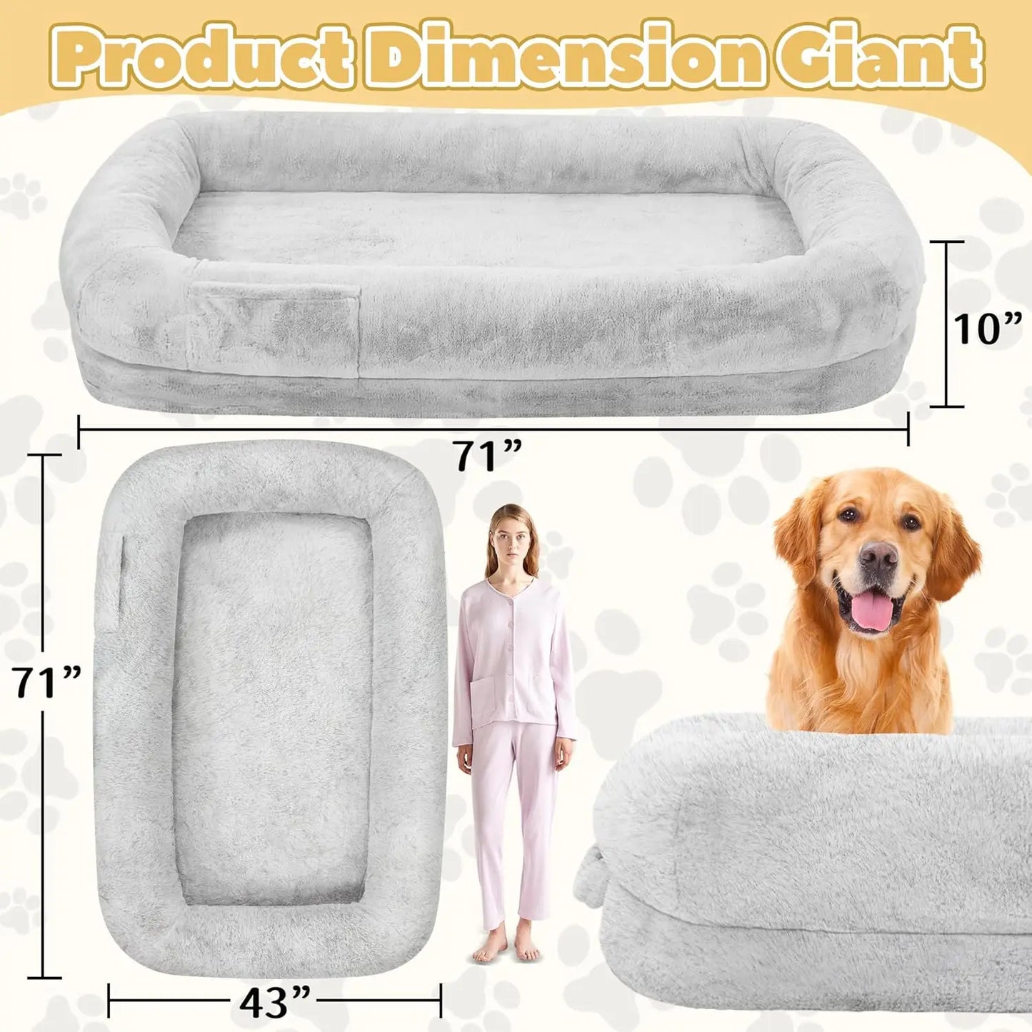 Human Dog Bed for Adults 71 Inch Long Washable Waterproof Orthopedic Design Light Grey