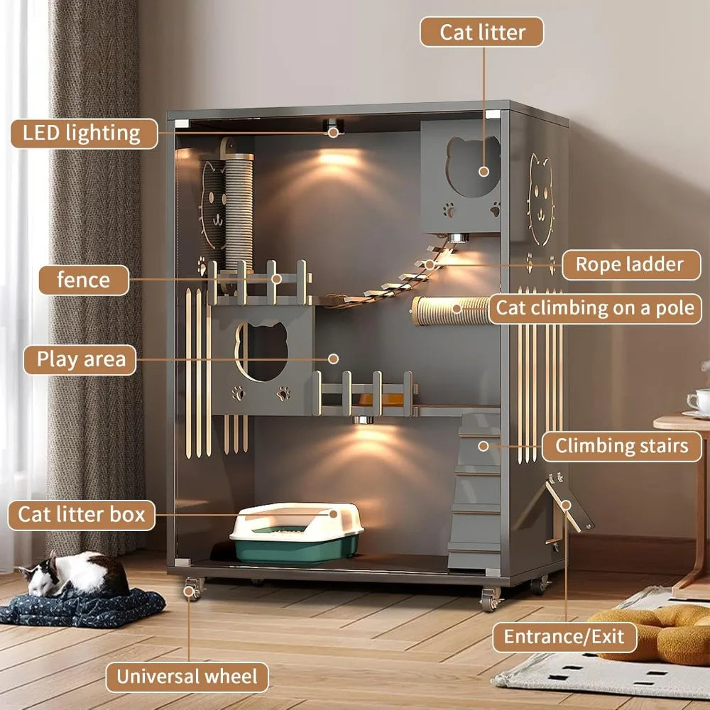 Large Enclosed Cat Condo Wooden Cat Villa Indoor Outdoor Enclosure with Wheels