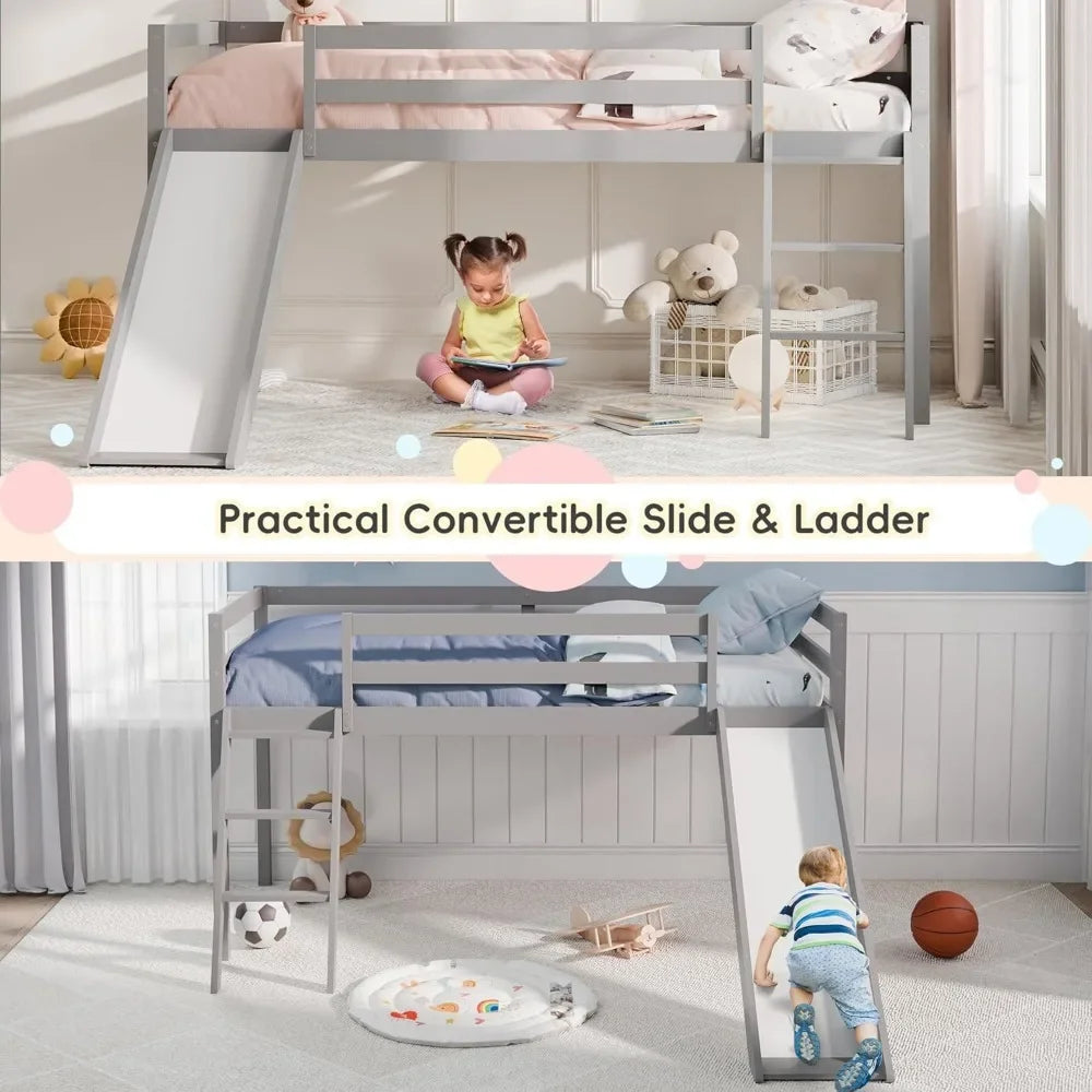 Toddler Loft Bed with Slide Climbing Ladder Safety Guard Rail and Lower Storage Space