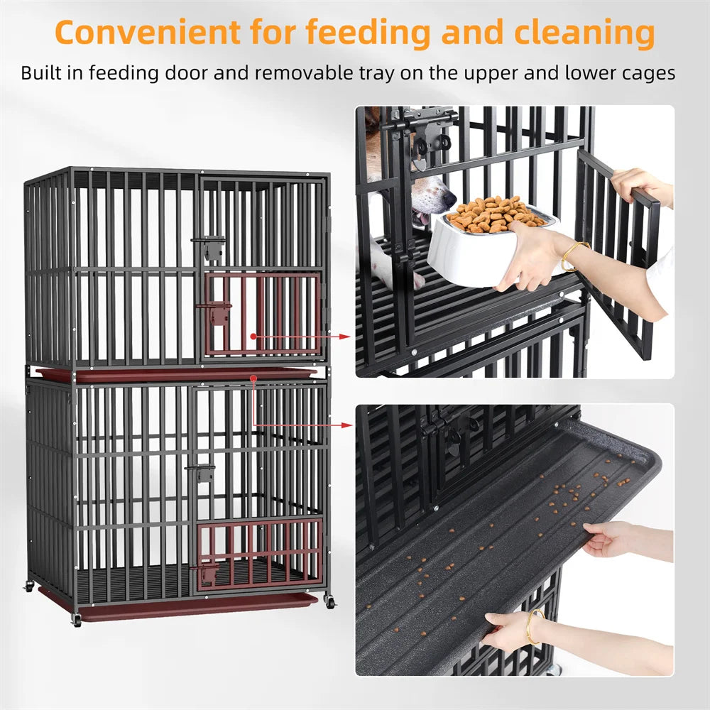 Oversized Stackable Dog Crate Heavy Duty Double Layer Dog Kennel Cage for Medium Large Dogs with Removable Tray Lockable Wheels - Loving Babies & Pets Shop