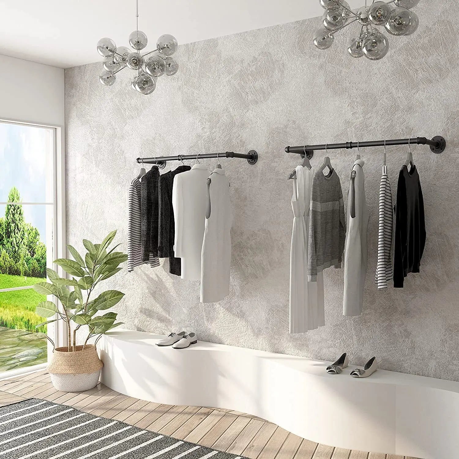 Pack Of 2 Industrial Pipe Clothes Rail Rack Wall-mounted Garment Pipe Rack Wall Iron Closet Organizer Garment Hanging Rod - Loving Babies & Pets Shop