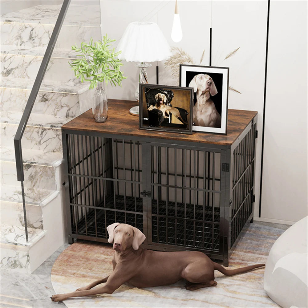 Large Wooden Dog Crate Indoor Furniture Style Elevated Pet Dog Cage Kennel End Table Lattice Playpen with 3 Doors Removable Tray - Loving Babies & Pets Shop