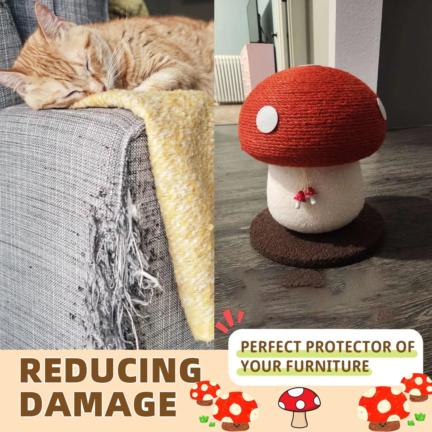 Red Mushroom-Shaped Sisal Cat Scratching Post |   Durable and Non-Falling |   Great for Paw Care and Furniture Protection |   Easy to Assemble |   Great for Cats!