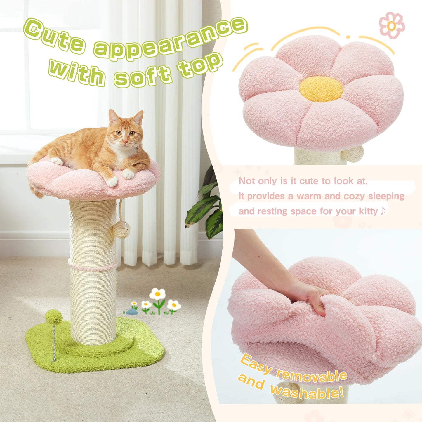 Flower Small Cat Tree Cat Scratching Post for Indoor with Super Thick Natural Sisal Post Pink Stable Removable Perch Mat Balls