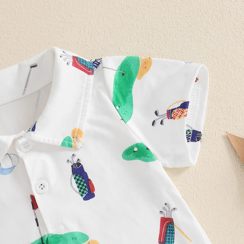 Unisex Infant Golf Romper with Half Button-up Lapel Neck and Short Sleeves for Boys and Girls