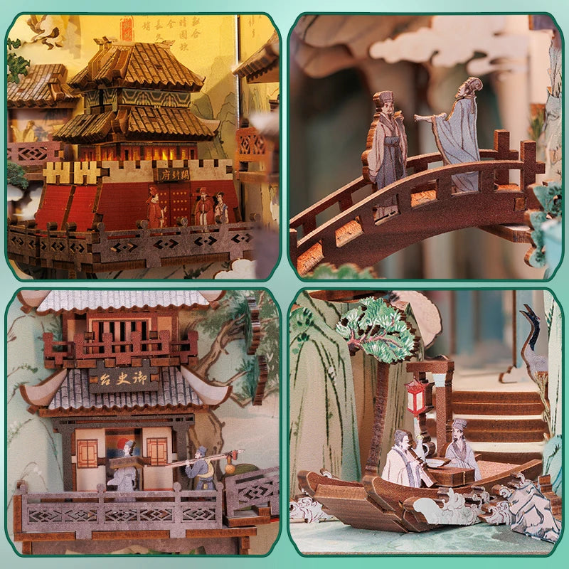 CUTEBEE Antiquity Book Nook Chinese Style Doll House Kit with Touch Light Dust Cover Bookshelf Insert Toy Su Dongpo's Life - Loving Babies & Pets Shop