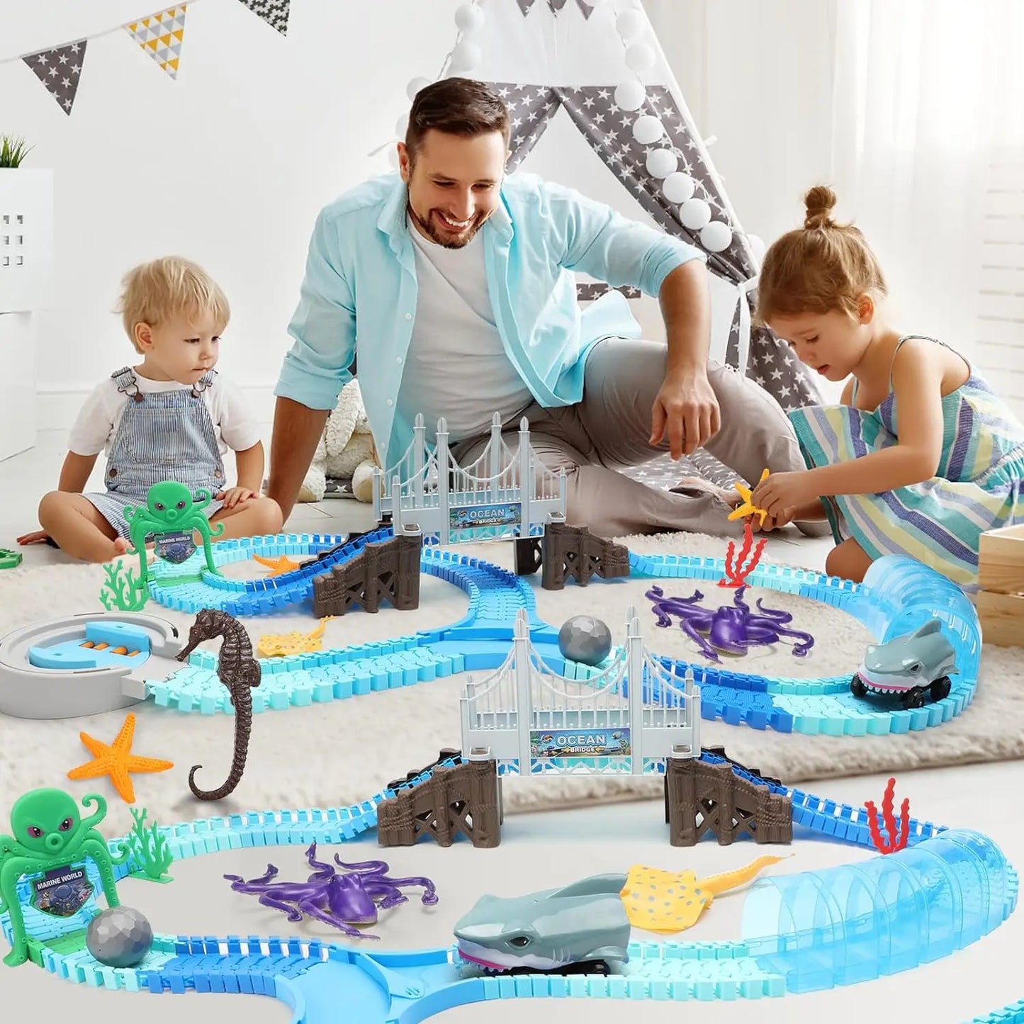 VATOS Shark Race Car Track Toy Set for Boys and Girls Age 3 Plus Flexible Ocean Adventure