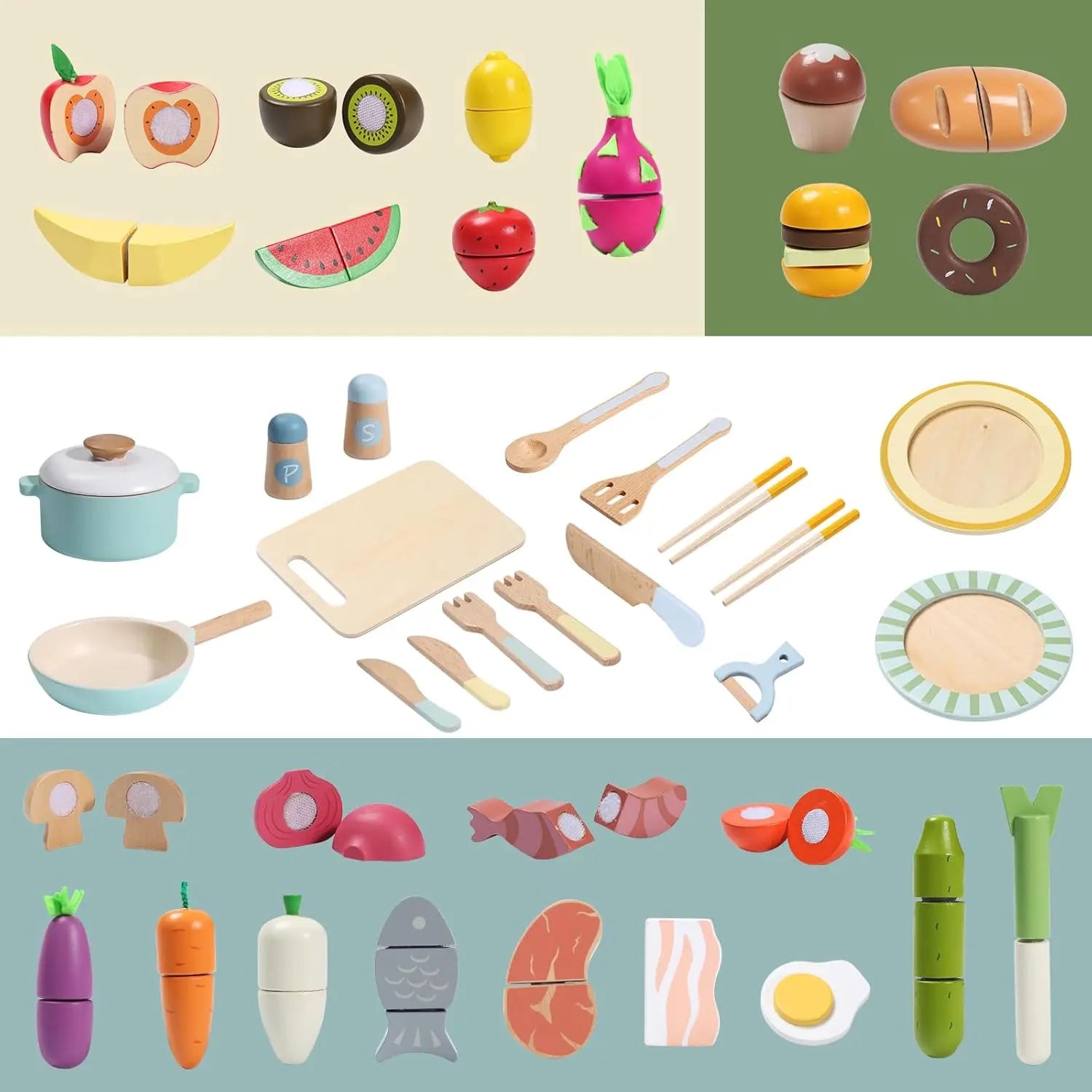 Wooden Play Food Set, Play Kitchen Accessories, 78PCS Pretend PlayCooking Toy, Vegetables Fruits Cutting Toys, Play Dishes - Loving Babies & Pets Shop